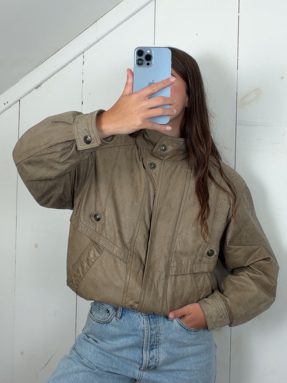 Vintage Adventure Bound Beige Tan Leather Bomber Jacket Men’s S Funnel Neck 90s